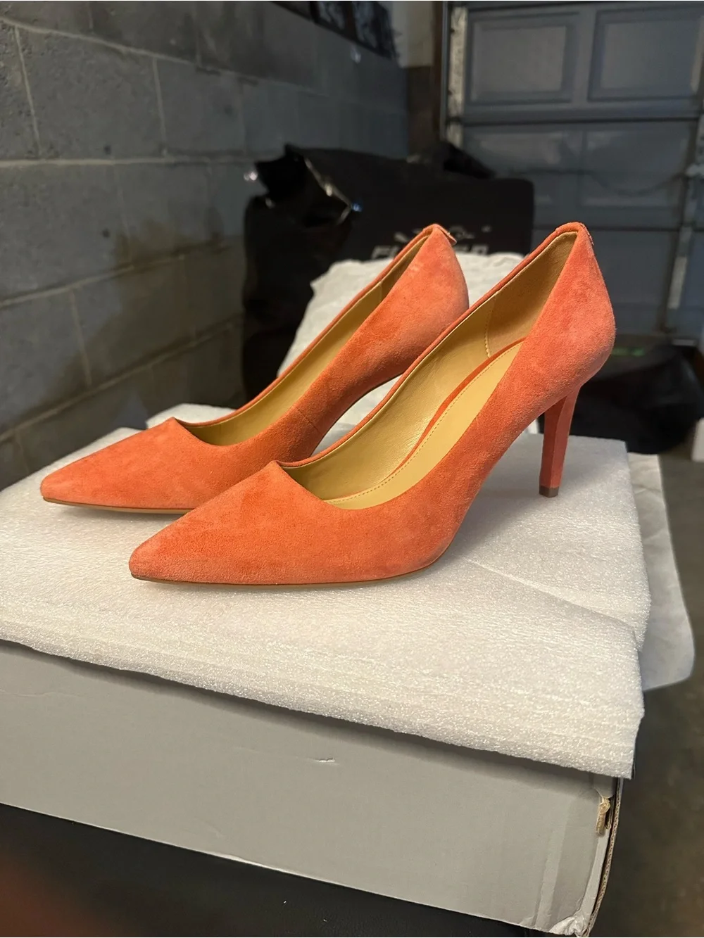 Michael Kors Pointed Suede Pumps in Coral-Orange